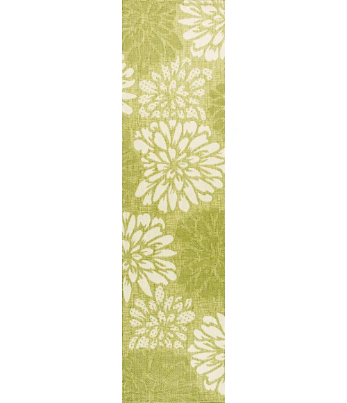 Zinnia Modern Floral Textured Weave Green/Cream 2 ft. x 10 ft. Indoor/Outdoor Runner Rug
