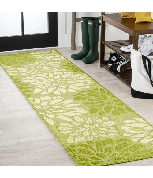 Zinnia Modern Floral Textured Weave Green/Cream 2 ft. x 10 ft. Indoor/Outdoor Runner Rug