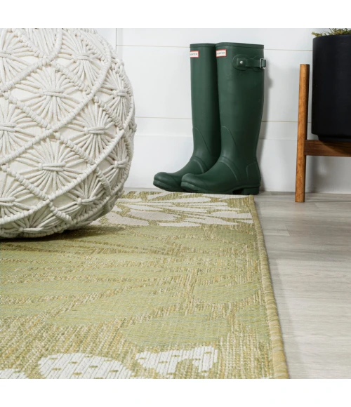 Zinnia Modern Floral Textured Weave Green/Cream 2 ft. x 10 ft. Indoor/Outdoor Runner Rug