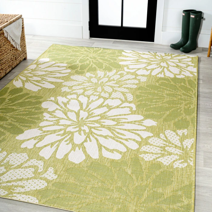 Zinnia Modern Floral Textured Weave Green/Cream 3 ft. x 5 ft. Indoor/Outdoor Area Rug