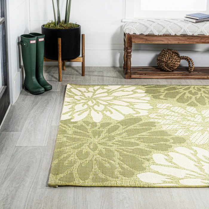 Zinnia Modern Floral Textured Weave Green/Cream 3 ft. x 5 ft. Indoor/Outdoor Area Rug