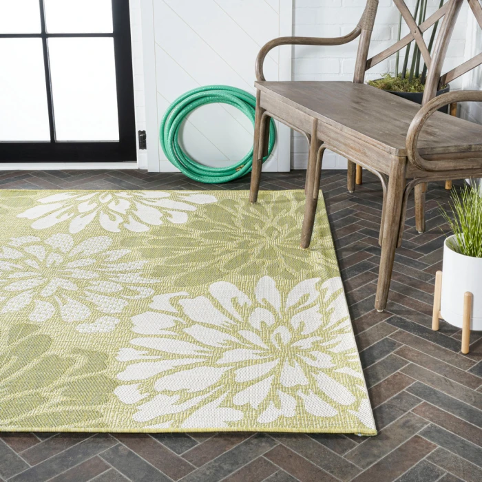 Zinnia Modern Floral Textured Weave Green/Cream 3 ft. x 5 ft. Indoor/Outdoor Area Rug