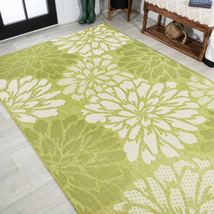 Zinnia Modern Floral Textured Weave Green/Cream 3 ft. x 5 ft. Indoor/Outdoor Area Rug