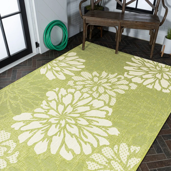 Zinnia Modern Floral Textured Weave Green/Cream 3 ft. x 5 ft. Indoor/Outdoor Area Rug