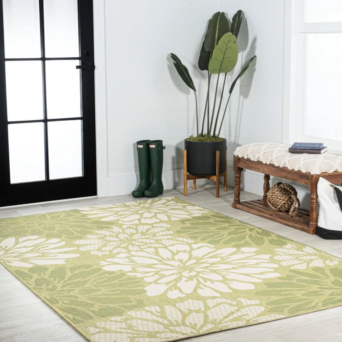 Zinnia Modern Floral Textured Weave Green/Cream 3 ft. x 5 ft. Indoor/Outdoor Area Rug