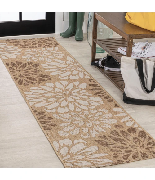 Zinnia Modern Floral Textured Weave Brown/Cream 2 ft. x 10 ft. Indoor/Outdoor Runner Rug