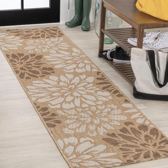 Zinnia Modern Floral Textured Weave Brown/Cream 2 ft. x 10 ft. Indoor/Outdoor Runner Rug