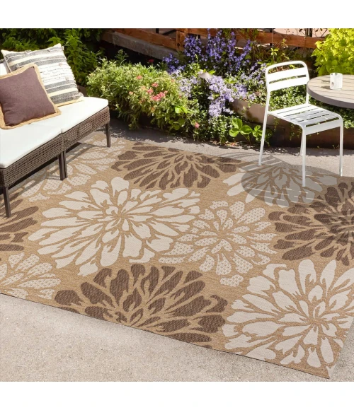 Zinnia Modern Floral Textured Weave Brown/Cream 3 ft. x 5 ft. Indoor/Outdoor Area Rug