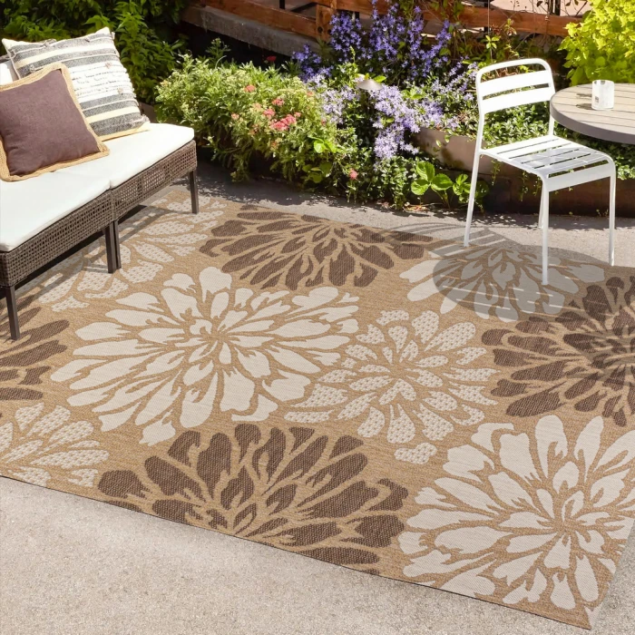 Zinnia Modern Floral Textured Weave Brown/Cream 3 ft. x 5 ft. Indoor/Outdoor Area Rug