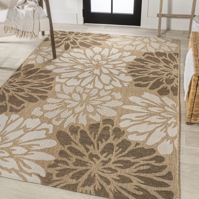 Zinnia Modern Floral Textured Weave Brown/Cream 3 ft. x 5 ft. Indoor/Outdoor Area Rug