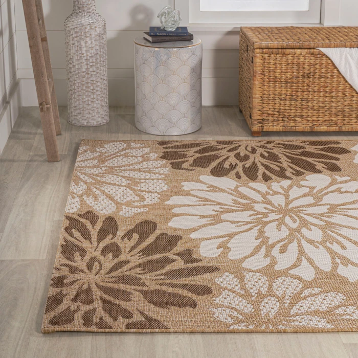 Zinnia Modern Floral Textured Weave Brown/Cream 3 ft. x 5 ft. Indoor/Outdoor Area Rug