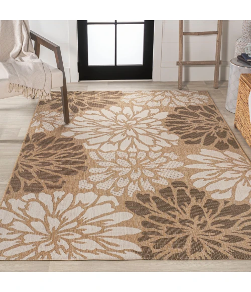 Zinnia Modern Floral Textured Weave Brown/Cream 3 ft. x 5 ft. Indoor/Outdoor Area Rug