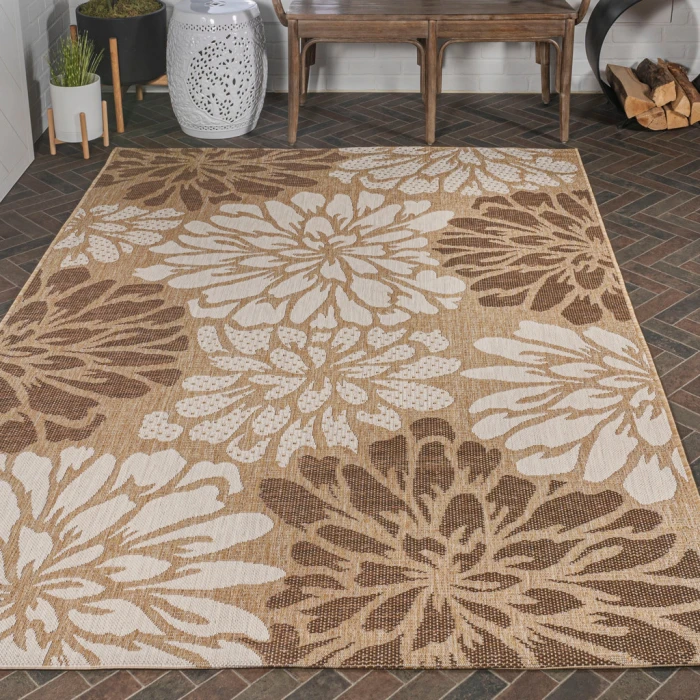 Zinnia Modern Floral Textured Weave Brown/Cream 3 ft. x 5 ft. Indoor/Outdoor Area Rug