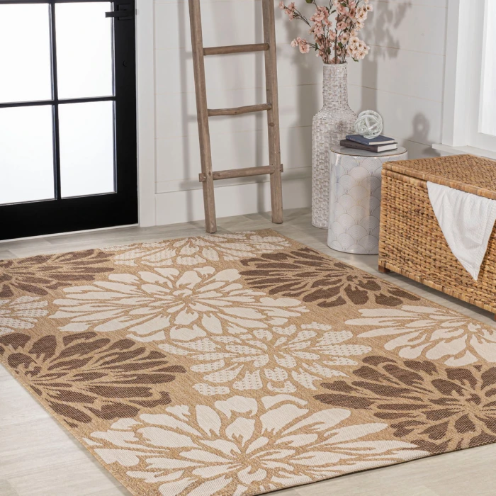Zinnia Modern Floral Textured Weave Brown/Cream 3 ft. x 5 ft. Indoor/Outdoor Area Rug