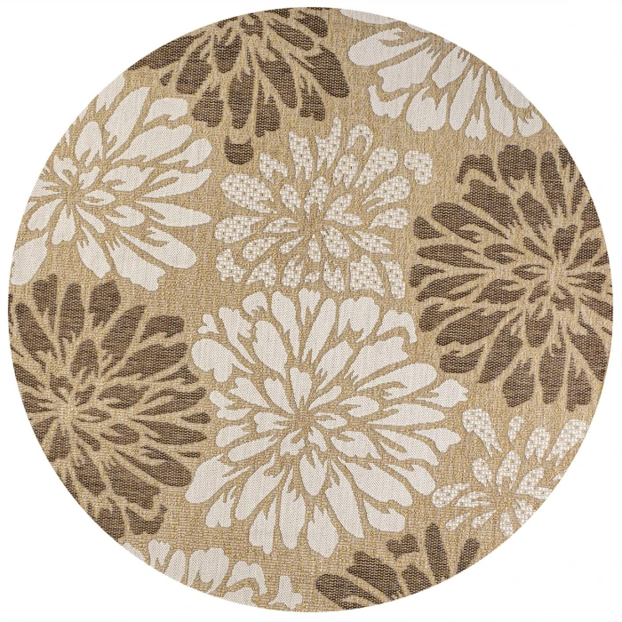Zinnia Modern Floral Textured Weave Brown/Cream 5' Round Indoor/Outdoor Area Rug