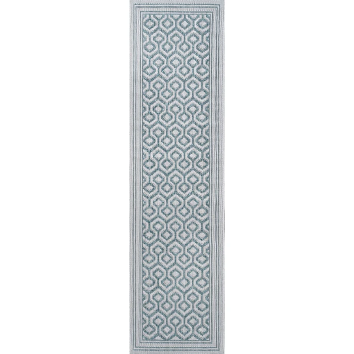 Marvao Diamond Trellis Teal/Gray 2 ft. x 10 ft. Indoor/Outdoor Runner Rug