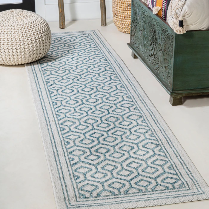 Marvao Diamond Trellis Teal/Gray 2 ft. x 10 ft. Indoor/Outdoor Runner Rug