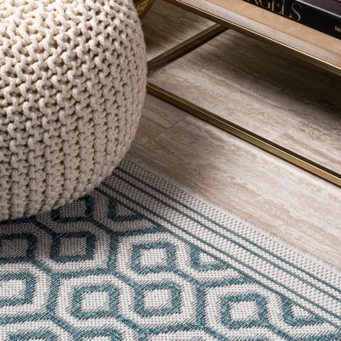 Marvao Diamond Trellis Teal/Gray 2 ft. x 10 ft. Indoor/Outdoor Runner Rug