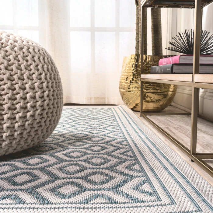 Marvao Diamond Trellis Teal/Gray 2 ft. x 10 ft. Indoor/Outdoor Runner Rug