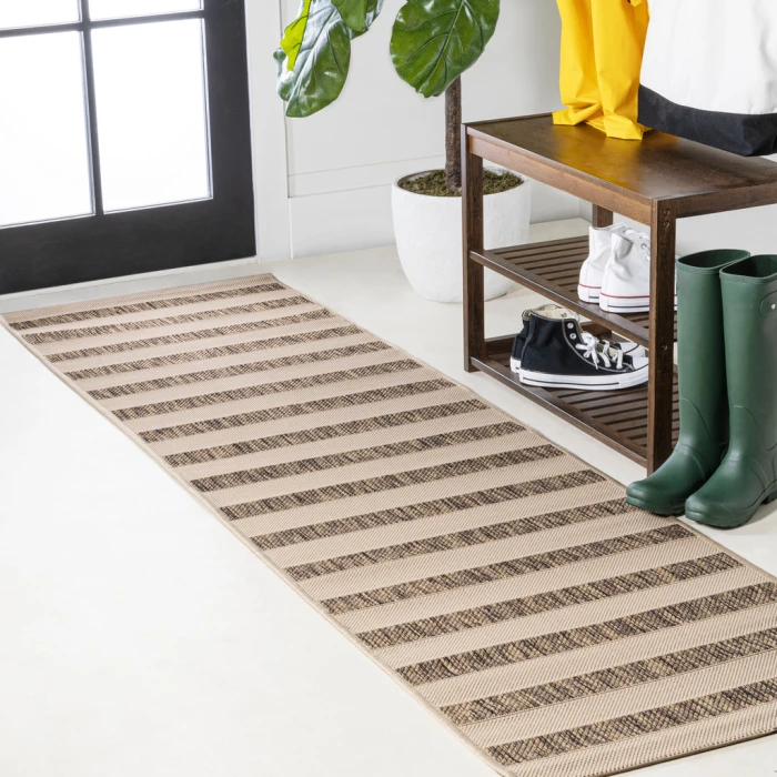 Aveiro Wide Stripe Beige/Brown 2 ft. x 8 ft. Indoor/Outdoor Runner Rug