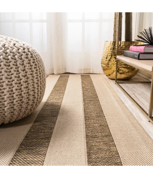 Aveiro Wide Stripe Beige/Brown 2 ft. x 8 ft. Indoor/Outdoor Runner Rug