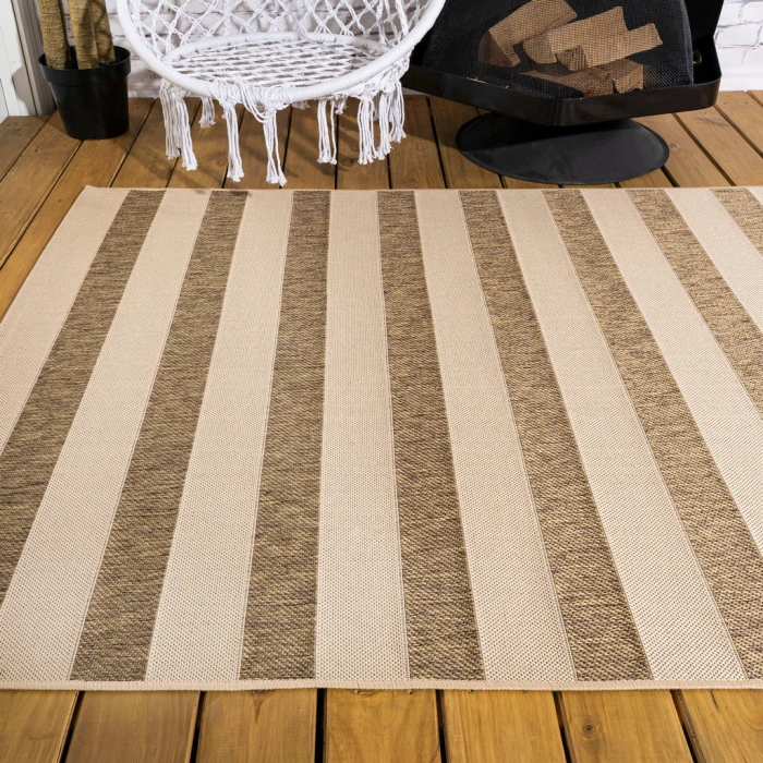 Aveiro Wide Stripe Beige/Brown 8 ft. x 10 ft. Indoor/Outdoor Area Rug