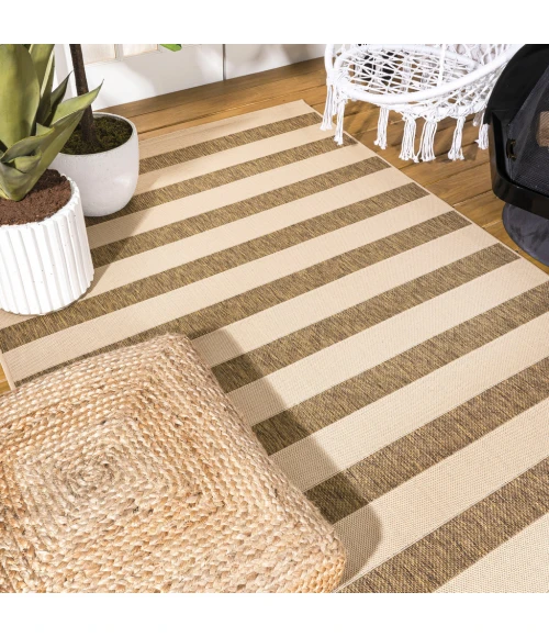 Aveiro Wide Stripe Beige/Brown 4 ft. x 6 ft. Indoor/Outdoor Area Rug