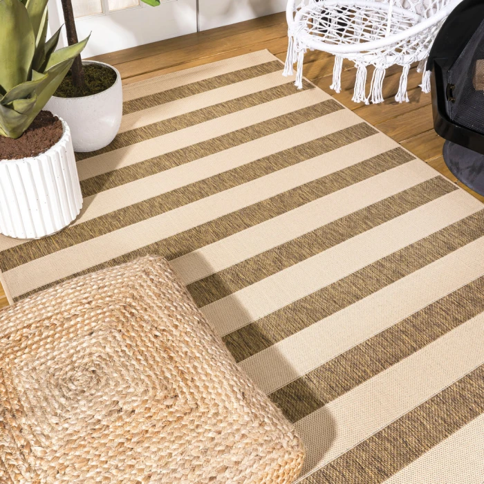 Aveiro Wide Stripe Beige/Brown 8 ft. x 10 ft. Indoor/Outdoor Area Rug