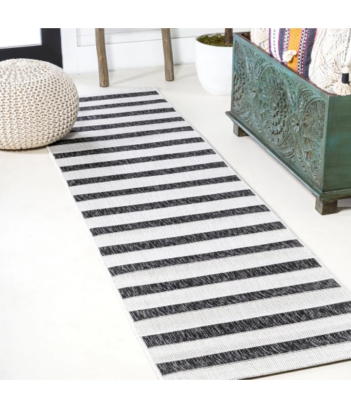 Aveiro Wide Stripe Black/Cream 2 ft. x 10 ft. Indoor/Outdoor Runner Rug