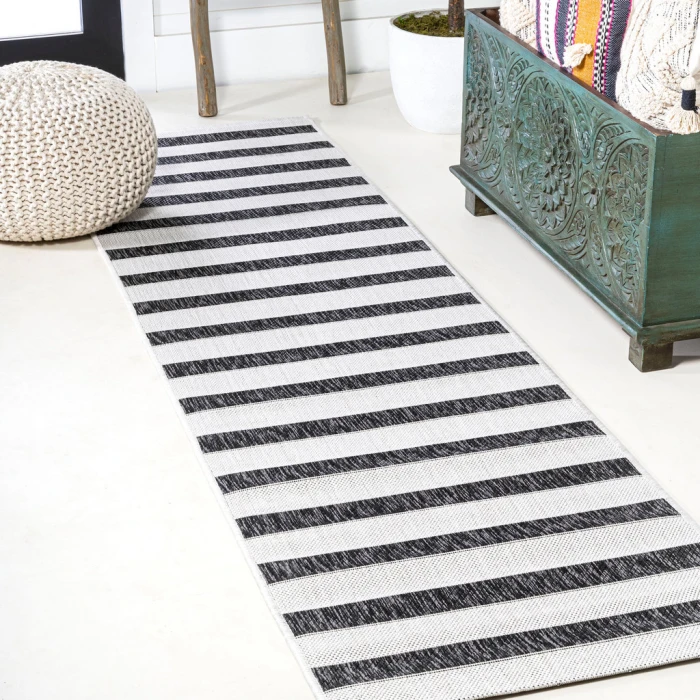 Aveiro Wide Stripe Black/Cream 2 ft. x 8 ft. Indoor/Outdoor Runner Rug