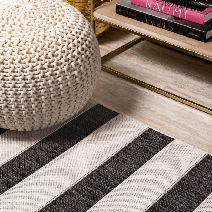 Aveiro Wide Stripe Black/Cream 2 ft. x 8 ft. Indoor/Outdoor Runner Rug