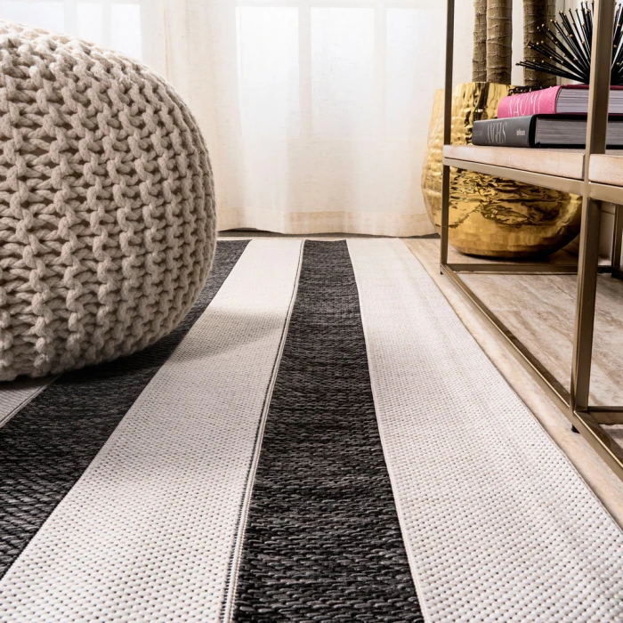 Aveiro Wide Stripe Black/Cream 2 ft. x 8 ft. Indoor/Outdoor Runner Rug
