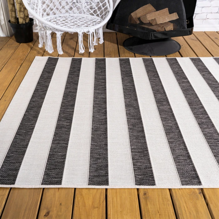 Aveiro Wide Stripe Black/Cream 5 ft. x 8 ft. Indoor/Outdoor Area Rug