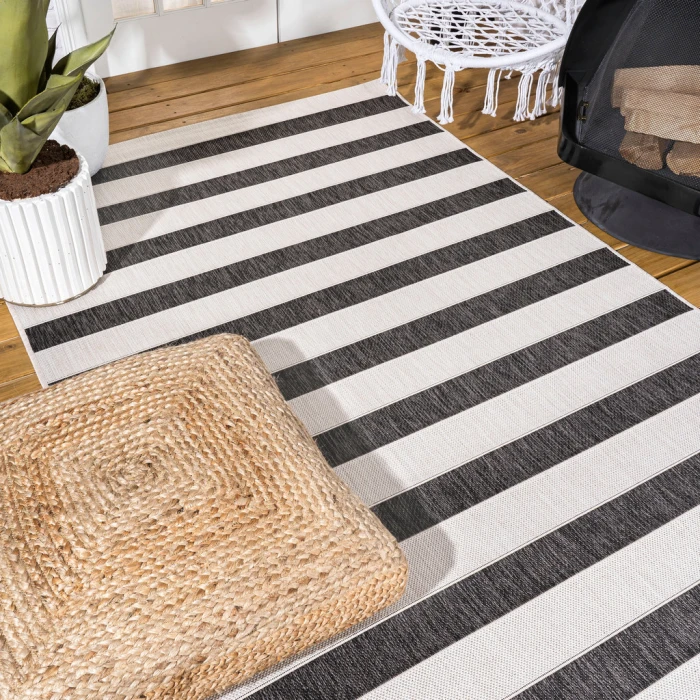 Aveiro Wide Stripe Black/Cream 5 ft. x 8 ft. Indoor/Outdoor Area Rug