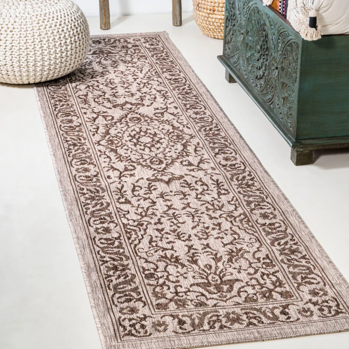 Jerash Ornate Medallion Brown/Beige 2 ft. x 8 ft. Indoor/Outdoor Runner Rug
