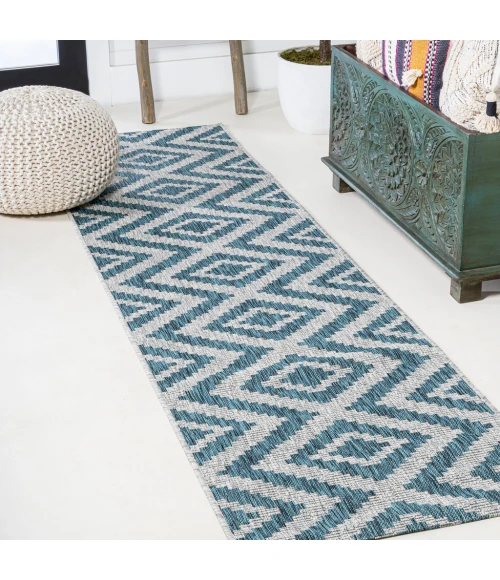 Sintra Diamond Tribal Blue/Gray 2 ft. x 10 ft. Indoor/Outdoor Runner Rug