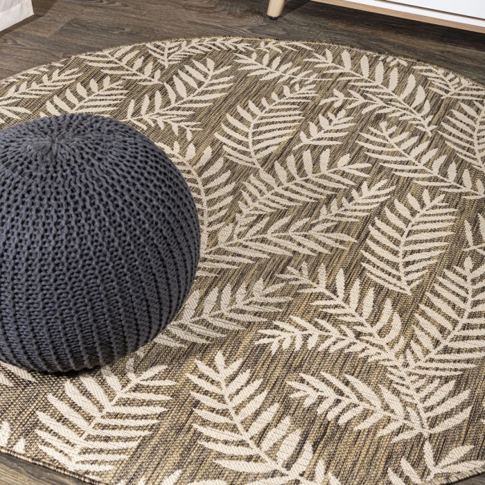Nevis Palm Frond Brown/Beige 5' Round Indoor/Outdoor Area Rug