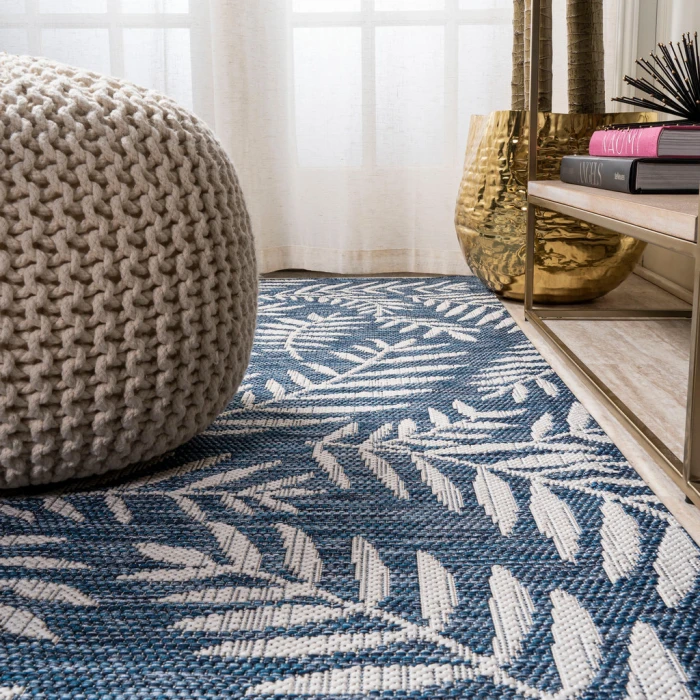 Nevis Palm Frond Navy/Ivory 5' Square Indoor/Outdoor Area Rug