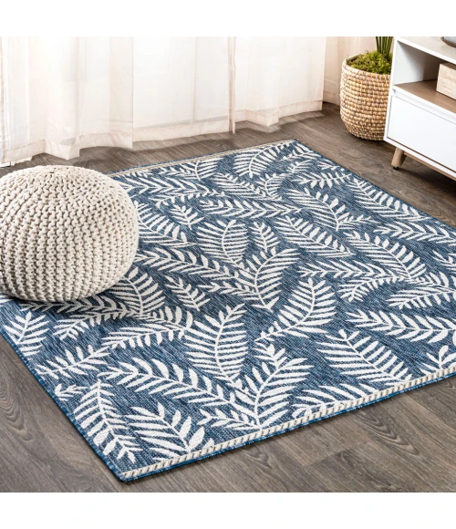 Nevis Palm Frond Navy/Ivory 5' Square Indoor/Outdoor Area Rug