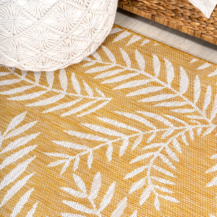 Nevis Palm Frond Yellow/Cream 5' Square Indoor/Outdoor Area Rug