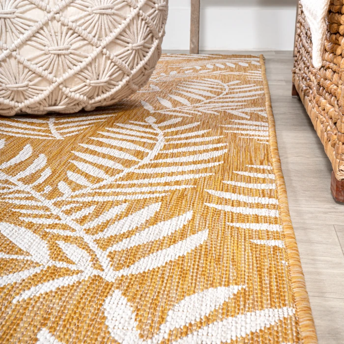 Nevis Palm Frond Yellow/Cream 5' Square Indoor/Outdoor Area Rug