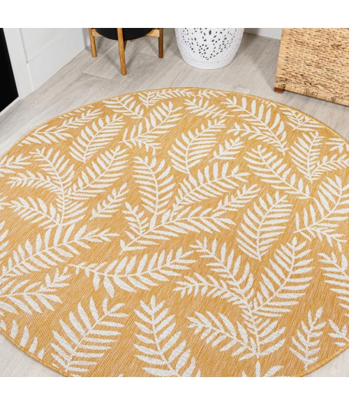 Nevis Palm Frond Yellow/Cream 5' Round Indoor/Outdoor Area Rug