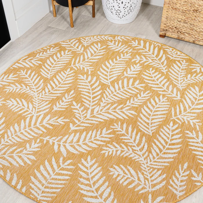 Nevis Palm Frond Yellow/Cream 5' Round Indoor/Outdoor Area Rug