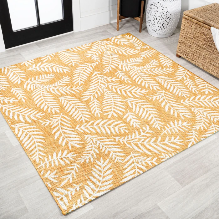 Nevis Palm Frond Yellow/Cream 5' Square Indoor/Outdoor Area Rug