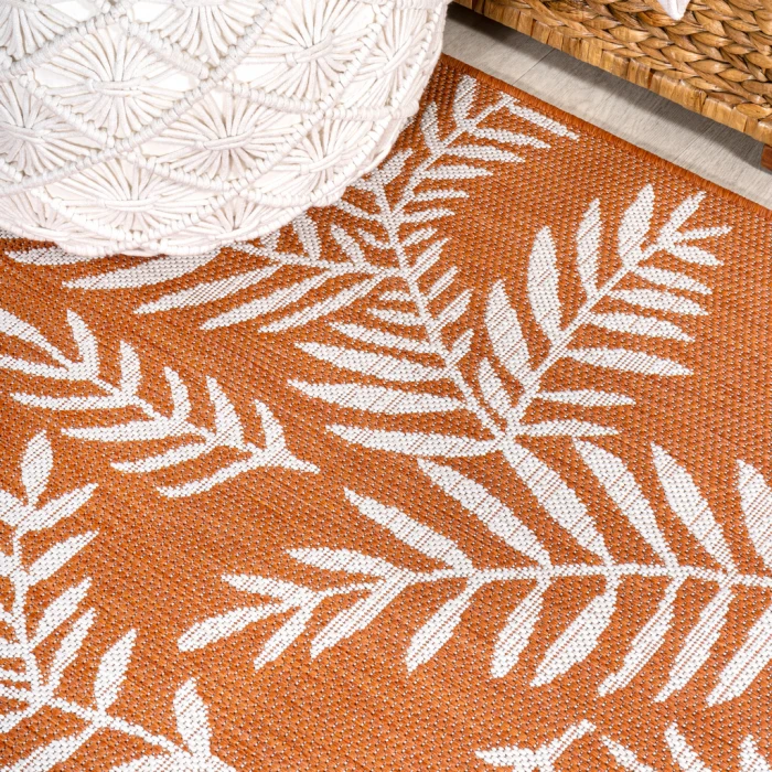 Nevis Palm Frond Orange/Cream 5' Round Indoor/Outdoor Area Rug