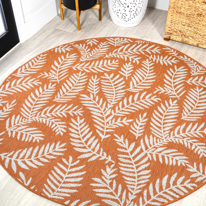 Nevis Palm Frond Orange/Cream 5' Round Indoor/Outdoor Area Rug