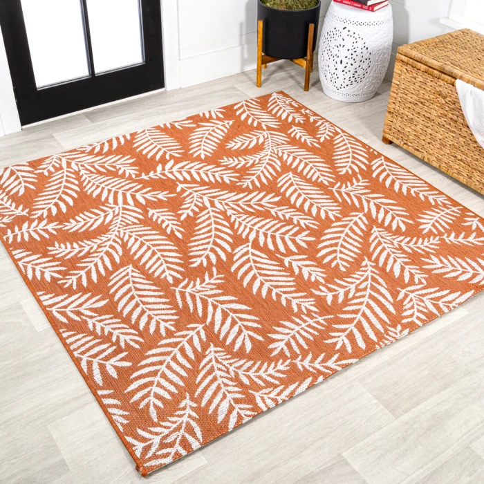 Nevis Palm Frond Orange/Cream 5' Square Indoor/Outdoor Area Rug