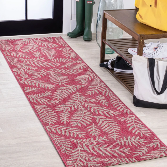 Nevis Palm Frond Fuchsia/Light Gray 2 ft. x 10 ft. Indoor/Outdoor Runner Rug