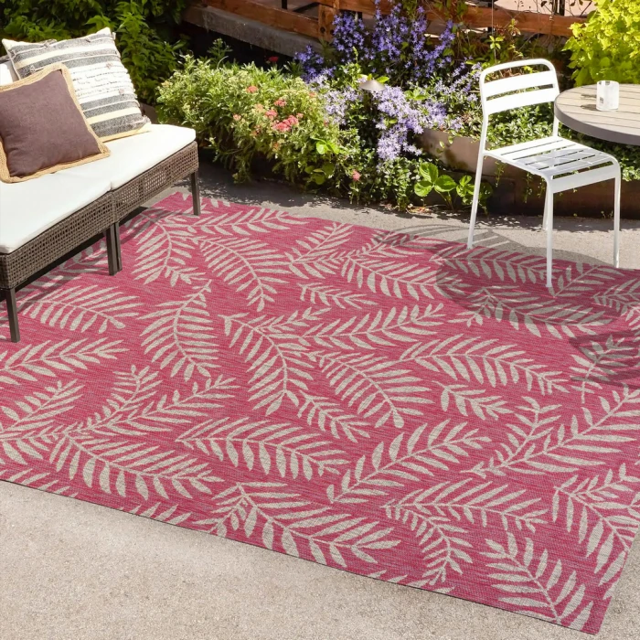 Nevis Palm Frond Fuchsia/Light Gray 4 ft. x 6 ft. Indoor/Outdoor Area Rug