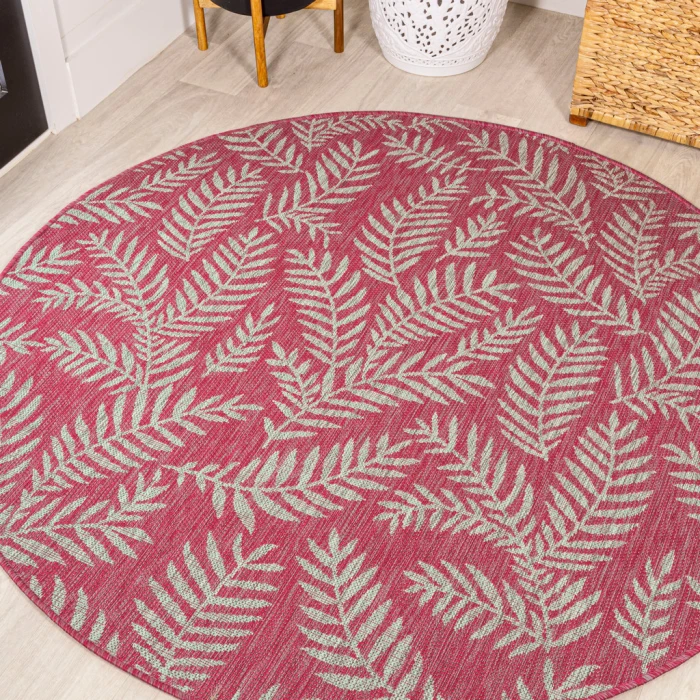 Nevis Palm Frond Fuchsia/Light Gray 5' Round Indoor/Outdoor Area Rug